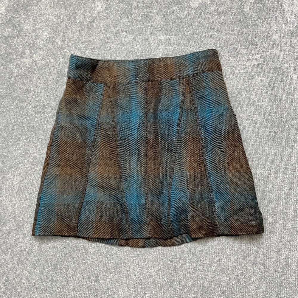 BCBGeneration A-Line Mini Skirt Womens 2 Blue Brown Plaid Wool Blend Casual